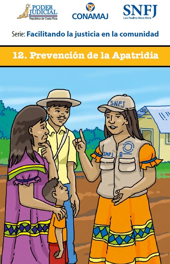 Dibujo que muestra a 3 adultos indígenas y a un Niño conversando